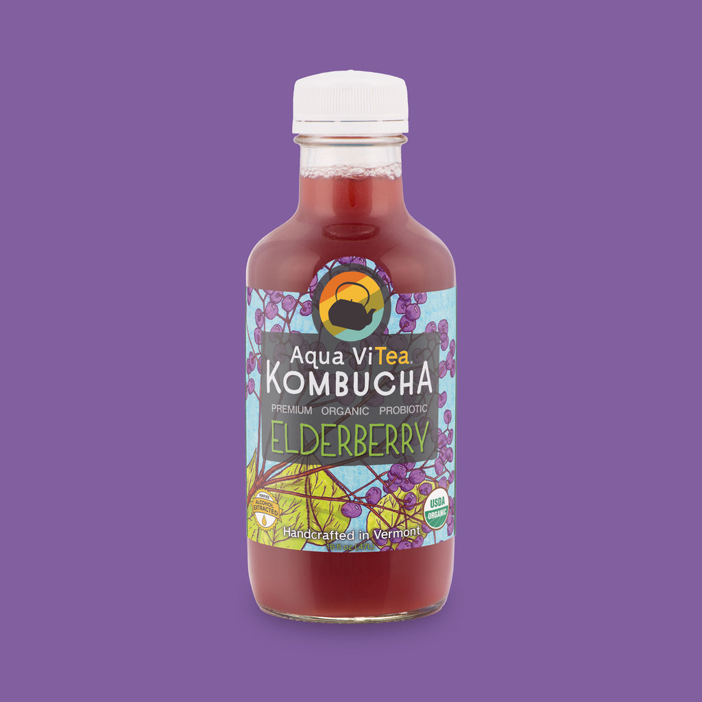 Elderberry kombucha bottle on purple background