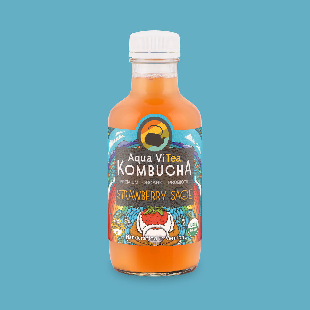 Strawberry Sage Kombucha Bottle on sky blue background